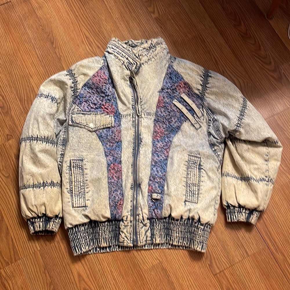 Vintage Acid Wash Denim Tie Dye Lace Quilted Puffer Stand Collar Jacket